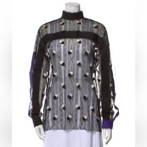 Marco De Vincenzo Blouse Black Lace Sheer Top with White/Purple Accents